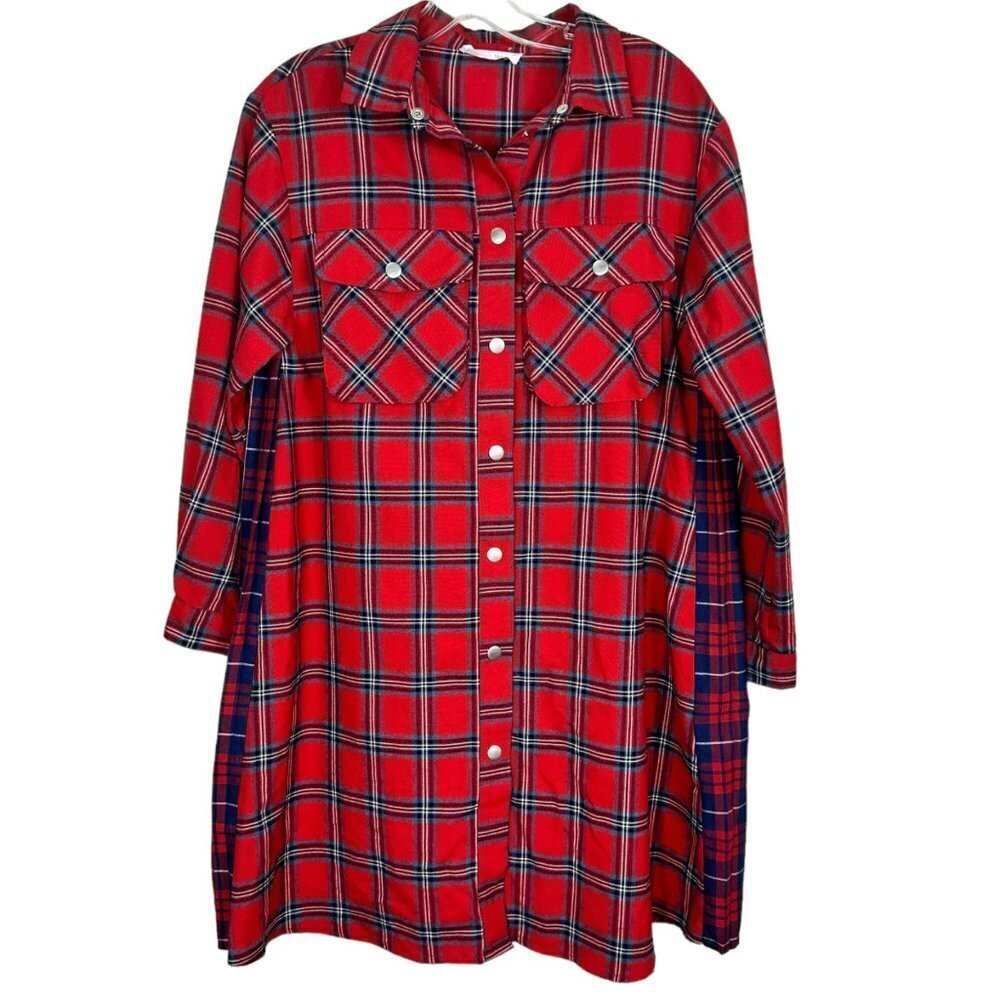 Zara Plaid Flannel Red Blue Long Sleeve Button Up  Shirt  Dress Size‎ 13 14
